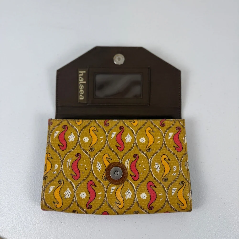 Halsea Seahorse Print Coated Canvas Clutch Wallet Mustard Yellow Nautical